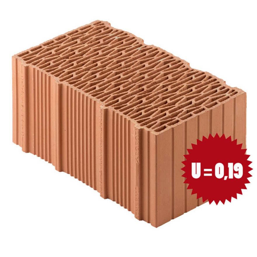 Porotherm BIO PLAN, blocco in laterizio rettificato da 45 cm di spessore  per murature da tamponamento.  Ideale per realizzare edifici a basso consumo., questo blocco consente di ottenere una conducibilità termica di 0,09 W/mK e una trasmittanza termica di 0,19 W/m2K.