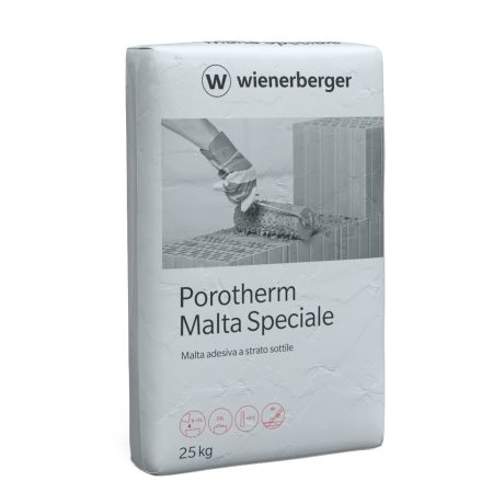 Malta Speciale Porotherm,  fornita insieme ai blocchi rettificati.  Facilmente mescolabile con acqua in un normale secchio.