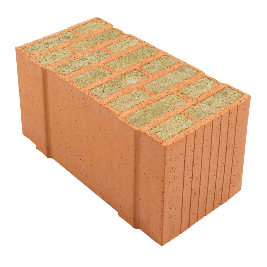 Porotherm PLANA+, blocco in laterizio rettificato con fori riempiti di lana di roccia, da 50 cm di spessore  per murature da tamponamento. Questo blocco consente di ottenere una conducibilità termica di 0,06 W/mK e una trasmittanza termica di 0,12 W/m2K.