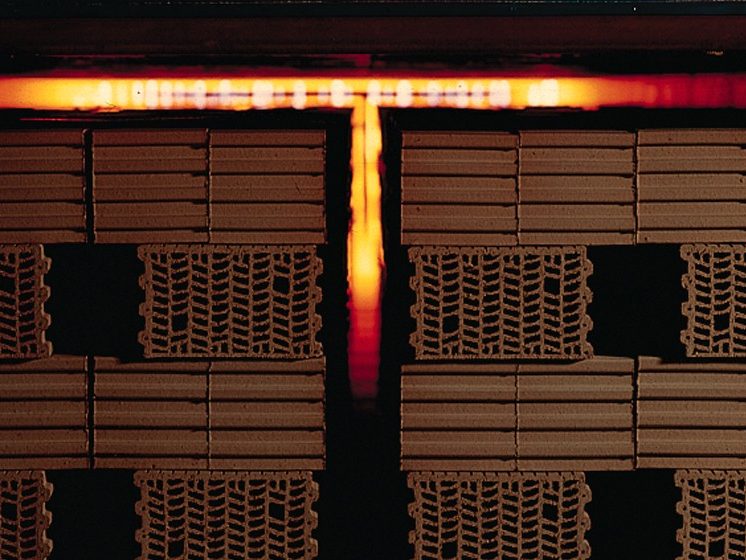 Fire inside the kiln for clay blocks