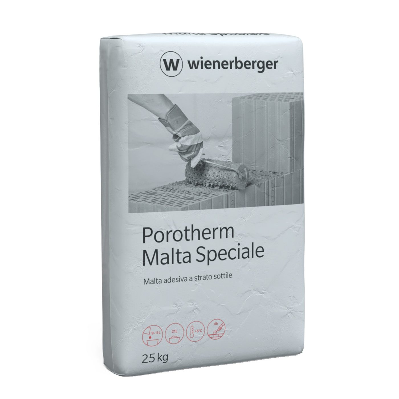 Malta Speciale Porotherm,  fornita insieme ai blocchi rettificati.  Facilmente mescolabile con acqua in un normale secchio.