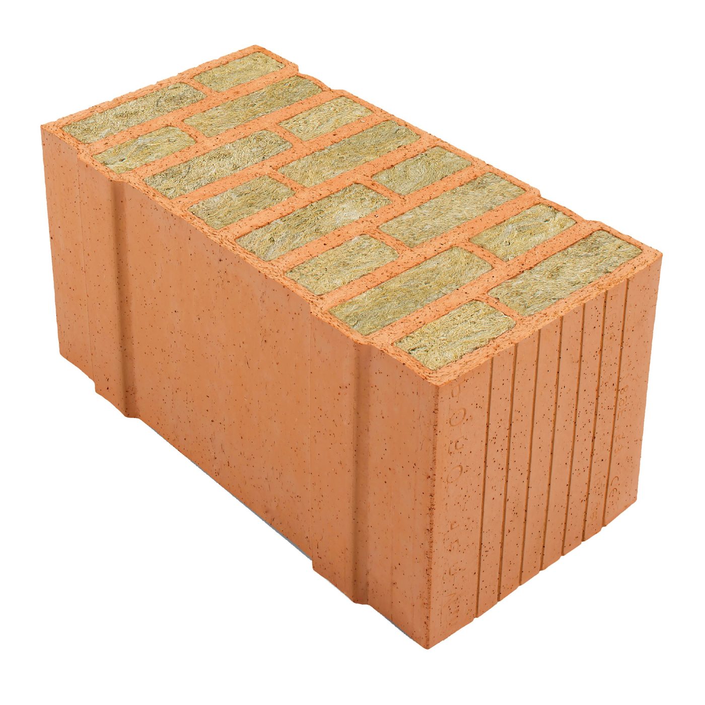 Porotherm PLANA+, blocco in laterizio rettificato con fori riempiti di lana di roccia, da 50 cm di spessore  per murature da tamponamento. Questo blocco consente di ottenere una conducibilità termica di 0,06 W/mK e una trasmittanza termica di 0,12 W/m2K.