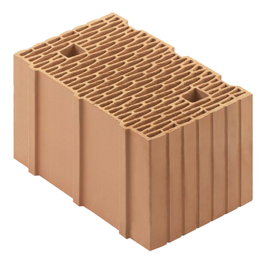 Blocco in laterizio a incastro BIO da 38 cm di spessore e 19 cm di altezza per murature da tamponamento.  Garantisce un isolamento termico e sano nel rispetto dell'ambiente.