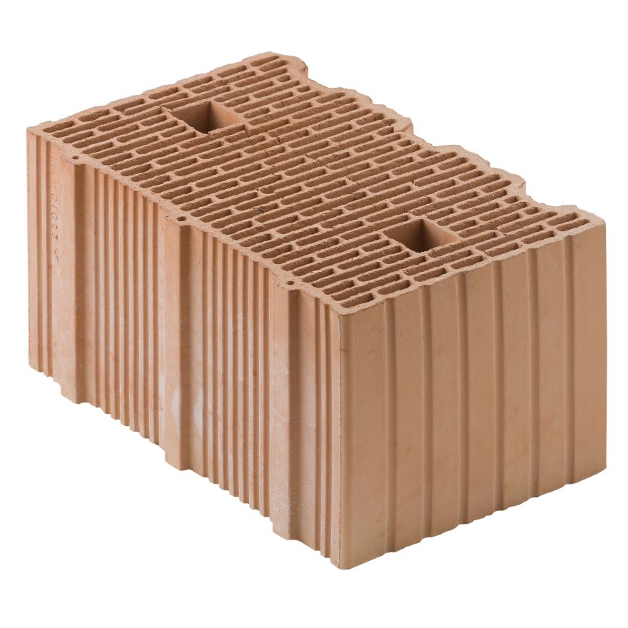 Blocco in laterizio a incastro BIO da 38 cm di spessore e 19 cm di altezza per murature da tamponamento.  Garantisce un isolamento termico e sano nel rispetto dell'ambiente.