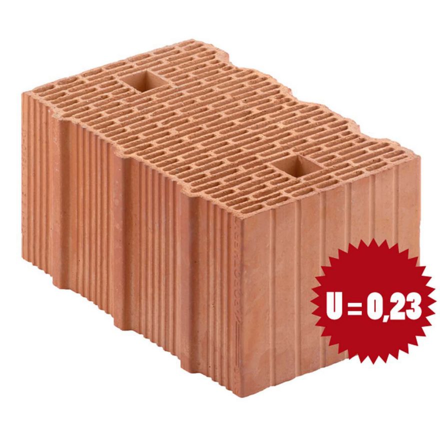 Blocco in laterizio rettificato da 38 cm di spessore e 19,9 cm di altezza per murature da tamponamento. Conducibilità termica di 0,09 W/mK e una trasmittanza termica di 0,23 W/m2K., ideale per realizzare edifici a basso consumo.