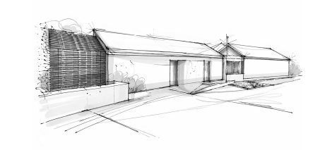 Schizzo architettonico della casa con interpretazione del volume e della facciata in cotto