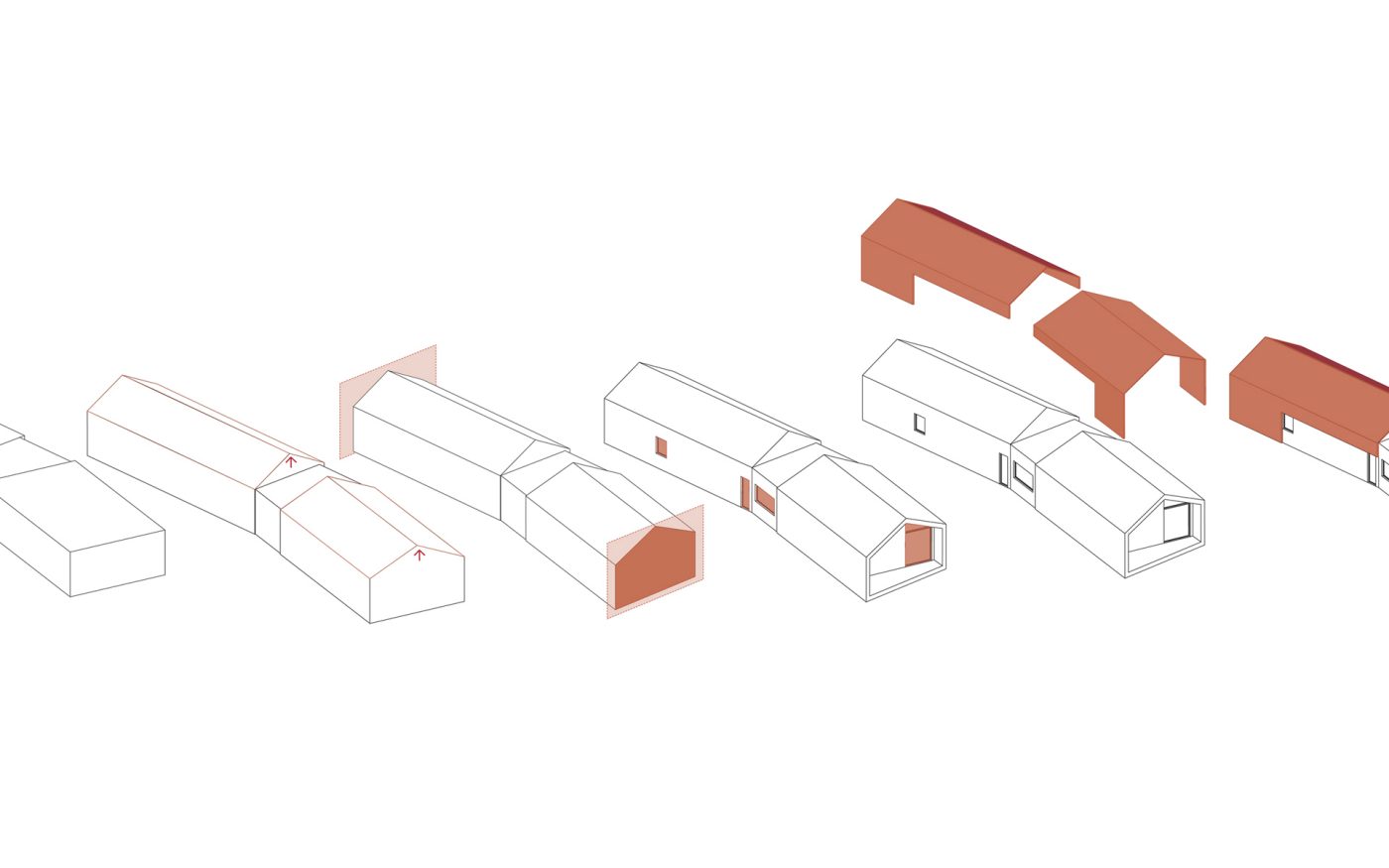 Schema progettuale della casa unifamiliare con sviluppo dell'involucro e configurazione del volume architettonico